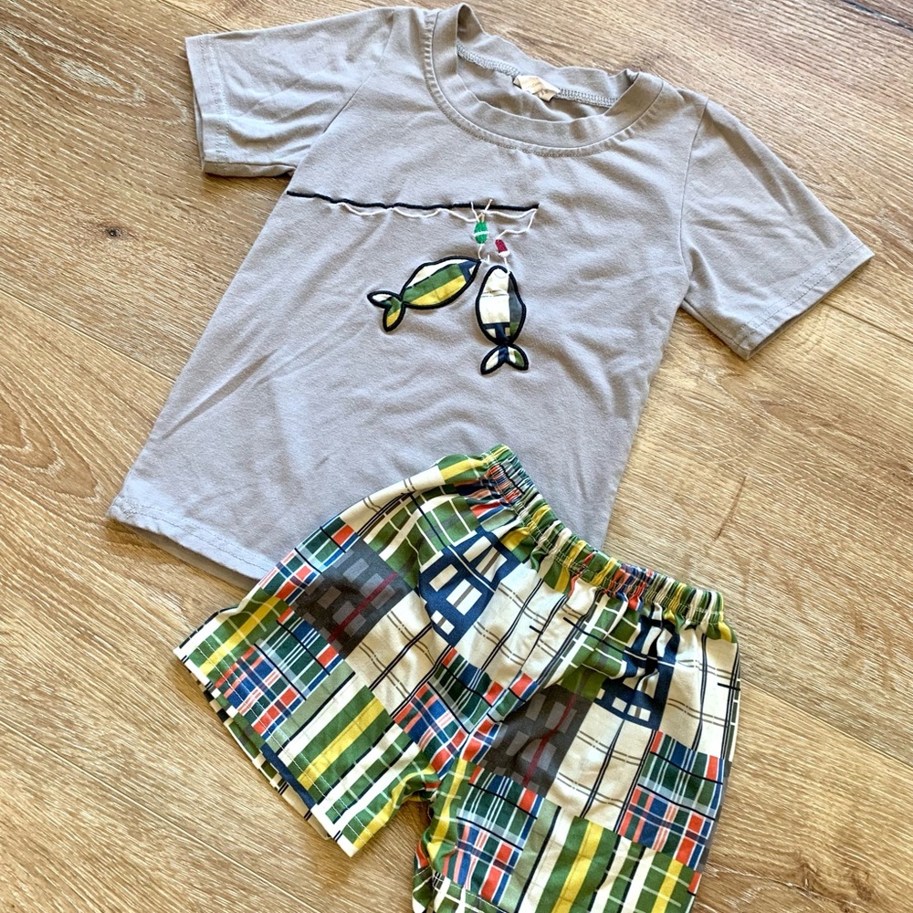 3t Boys Toddler Applique Fishing Shirt with matching plaid shorts from Boutique